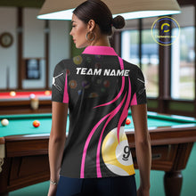 Load image into Gallery viewer, Back view of woman wearing a pink 8 ball and 9 ball pool shirt in a billiards hall.