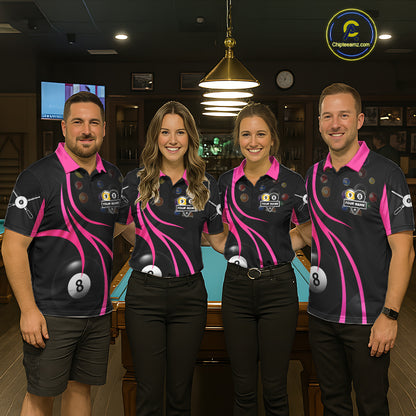 Pool team wearing matching pink 8 ball and 9 ball billiard jerseys during league matches front view.