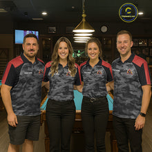 Load image into Gallery viewer, Pool team wearing matching grey camouflage American flag 8 ball billiard jerseys during league matches front view.