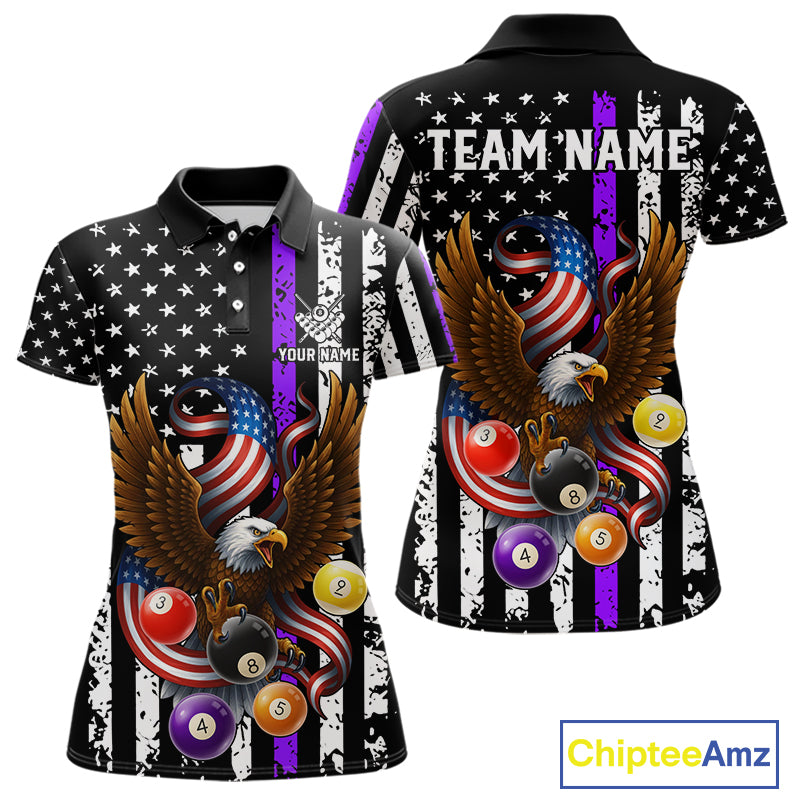 Billiard Eagle American Flag Stripes Pool Jersey For Women Custom Patriotic Billiard Shirt|Purple TDM4984
