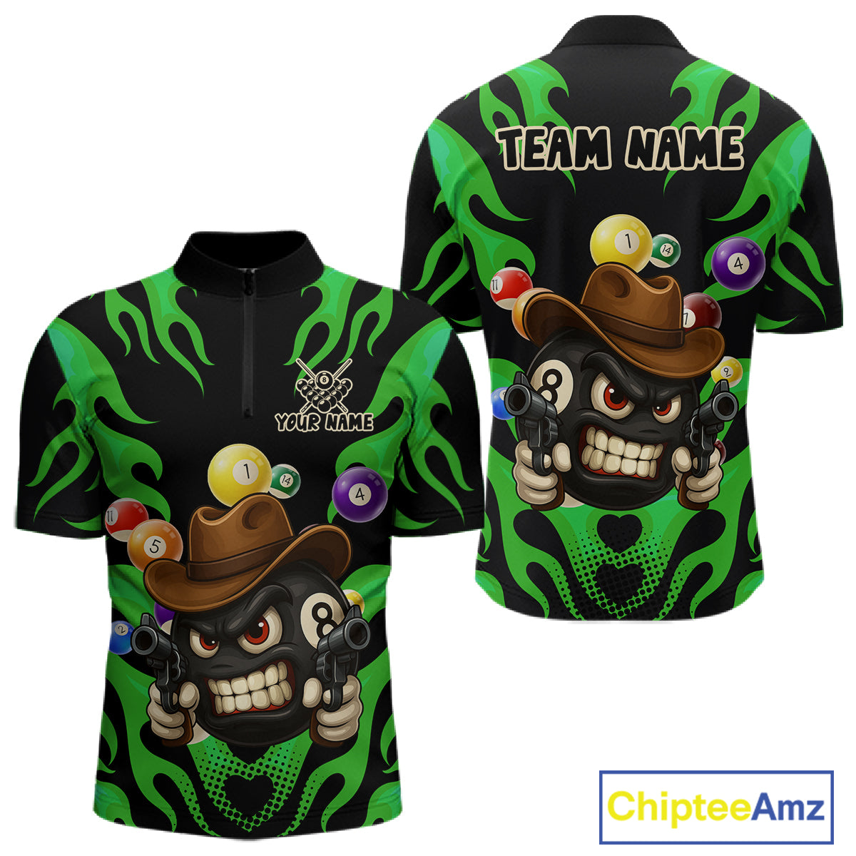 Personalized Green Funny Flame 8 Ball Billiard Shirt For Men Custom Pool Team Jersey Polo, 1/4 Zip TDM4985