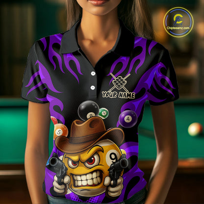Personalized Purple Funny Flame 9 Ball Billiard Shirt For Women, Pool Team Jersey Polo & 1/4 Zip TDM4988