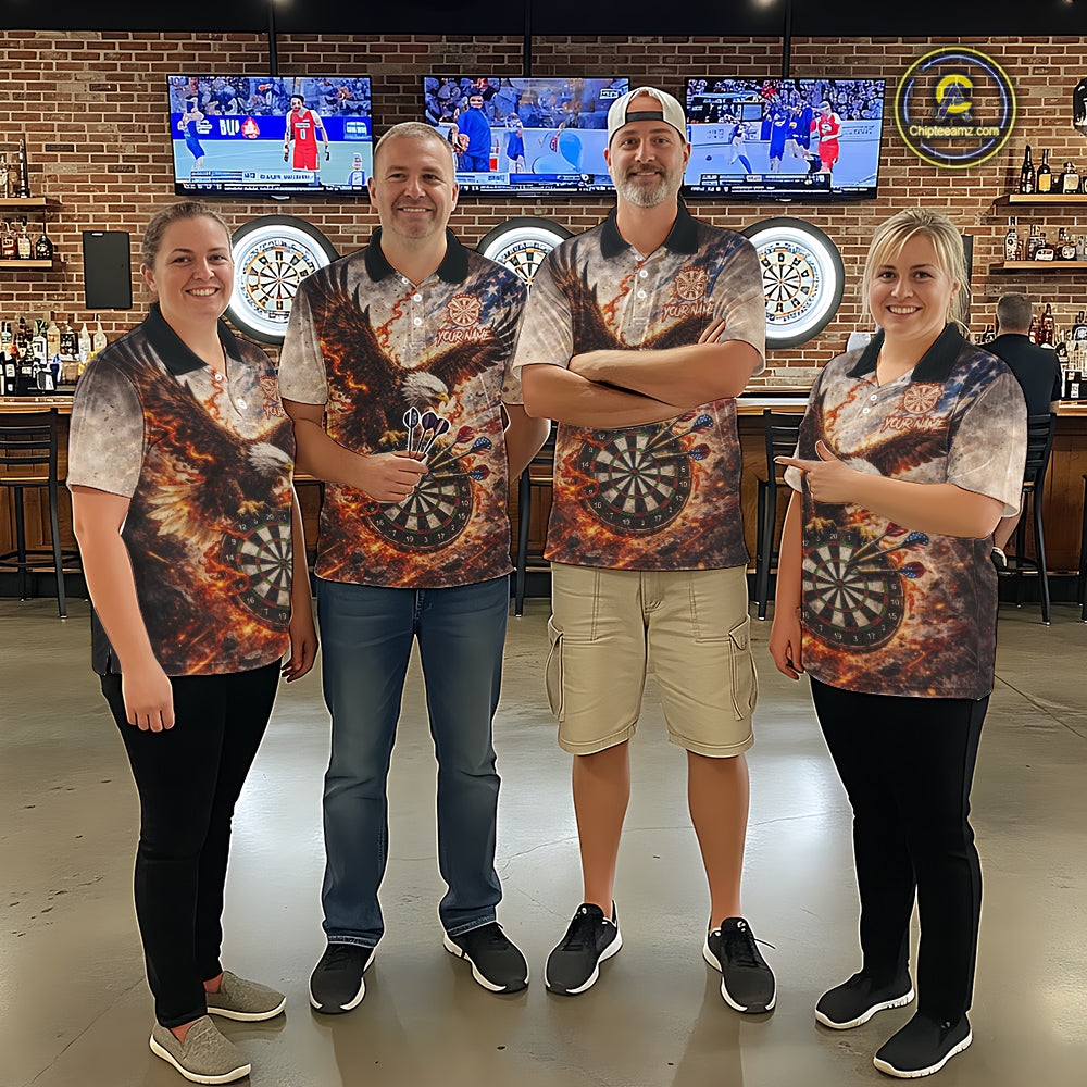 Personalized Grunge Fire Eagle Darts Shirt For Men, Patriotic Darts Jersey Team Polo & 1/4 Zip TDM5911