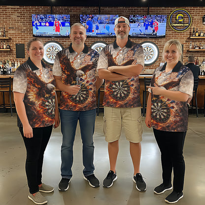 Personalized Grunge Fire Eagle Darts Shirt For Men, Patriotic Darts Jersey Team Polo & 1/4 Zip TDM5911