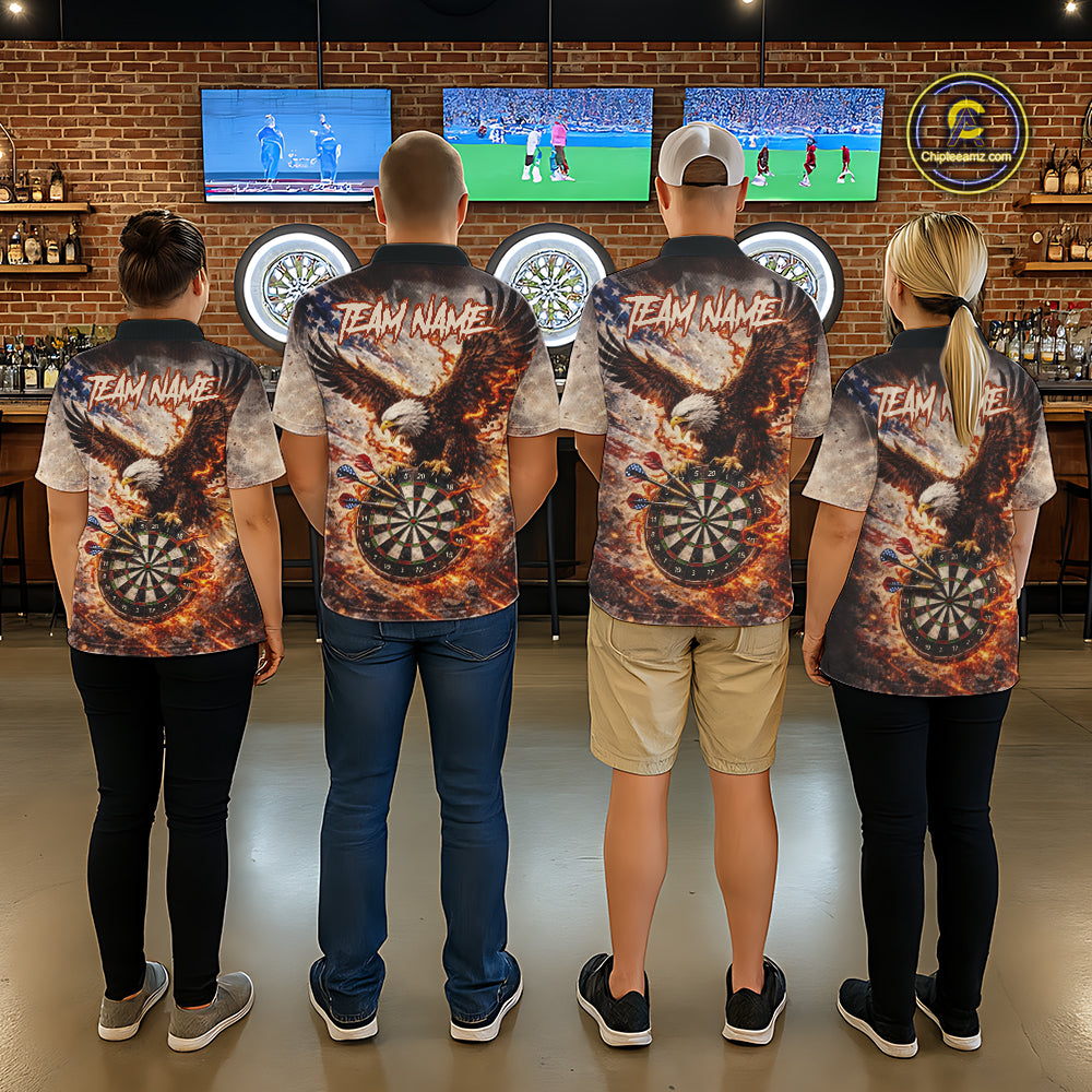 Personalized Grunge Fire Eagle Darts Shirt For Men, Patriotic Darts Jersey Team Polo & 1/4 Zip TDM5911
