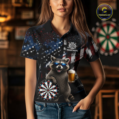 Funny Raccoon Grunge American Flag Darts Shirt For Women Custom Darts Jersey Team Polo & 1/4 Zip TDM6483