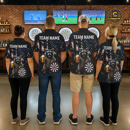 Funny Raccoon Grunge American Flag Darts Shirt For Men Custom Darts Jersey Team Polo & 1/4 Zip TDM6483