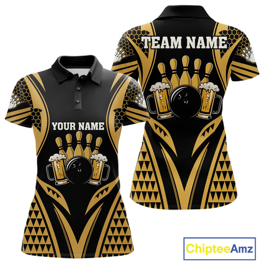Black And Gold Tribal Beer Bowling Custom Polo Shirt For Women Bowling League Team Jersey