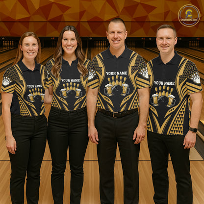 Bowling Team Wearing Black And Gold Tribal Beer Bowling Polo Shirts Front View