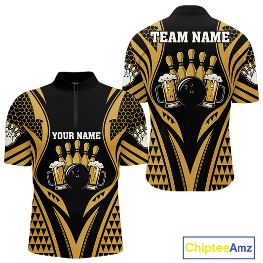 Black And Gold Tribal Beer Bowling Quarter Zip Shirt For Men Custom Bowling Team Jersey