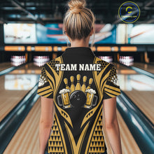 Load image into Gallery viewer, Woman Wearing Black And Gold Tribal Beer Bowling Polo Shirt Back View Bowling Team Jersey