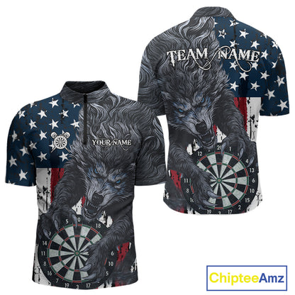 Personalized Grunge American Flag Wolf Darts Shirt For Men, Patriotic Dart Team Jerseys TDM5187