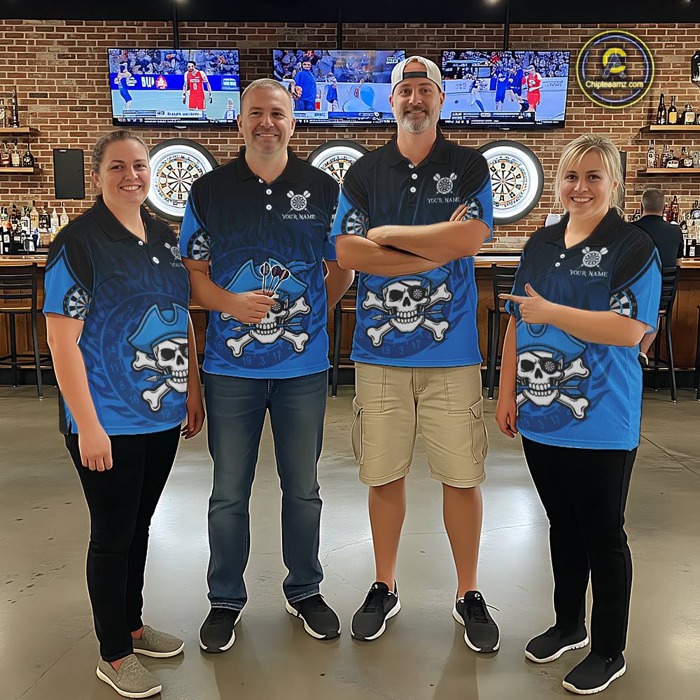 Black And Blue Funny Pirate Flame Skull Darts Shirt For Women Custom Dart Jersey Team Polo, 1/4 Zip TDM5703