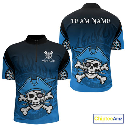Black And Blue Funny Pirate Flame Skull Darts Shirt For Men Custom Dart Jersey Team Polo, 1/4 Zip TDM5703