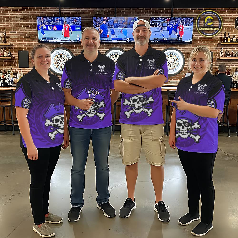 Black Purple Funny Pirate Flame Skull Darts Shirt For Women Custom Dart Jerseys Team Polo & 1/4 Zip TDM5704