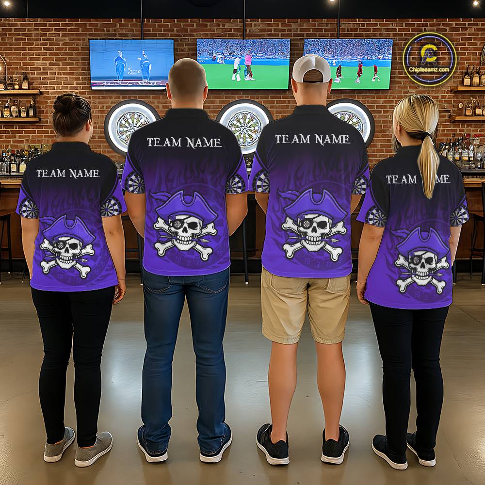 Black Purple Funny Pirate Flame Skull Darts Shirt For Women Custom Dart Jerseys Team Polo & 1/4 Zip TDM5704