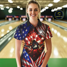 Load image into Gallery viewer, Glowing American Flag Funny Bowling Shirt For Women Custom Patriotic Bowling Jersey Polo &amp; 1/4 Zip TDM6319
