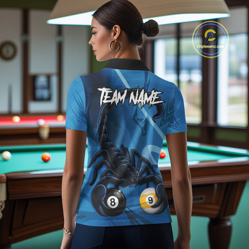 Custom Blue 8 Ball & 9 Ball Scorpion Billiard Shirt For Women, Billiard Team Jersey Polo & 1/4 Zip TDM6495
