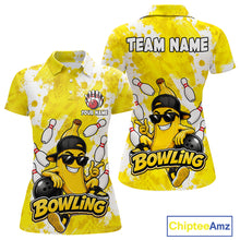 Load image into Gallery viewer, Funny yellow banana bowling polo shirt for women with custom bowling team graphics.