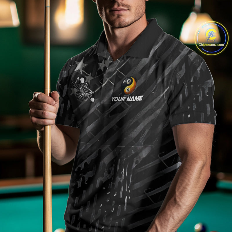 Black US Flag Skull Yinyang Billiard Shirts For Men Custom 8 Ball & 9 Ball Pool Team Jersey TDM7226