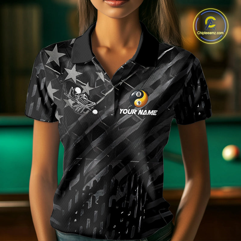 Black US Flag Skull Yinyang Billiard Shirts For Women Custom 8 Ball & 9 Ball Pool Team Jersey TDM7226