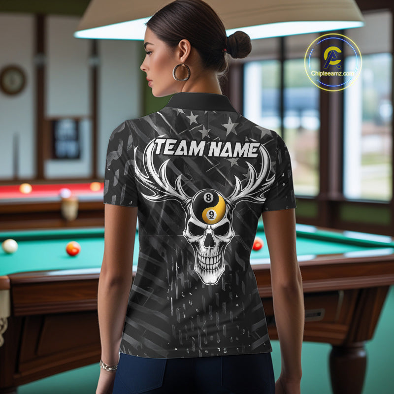 Black US Flag Skull Yinyang Billiard Shirts For Women Custom 8 Ball & 9 Ball Pool Team Jersey TDM7226