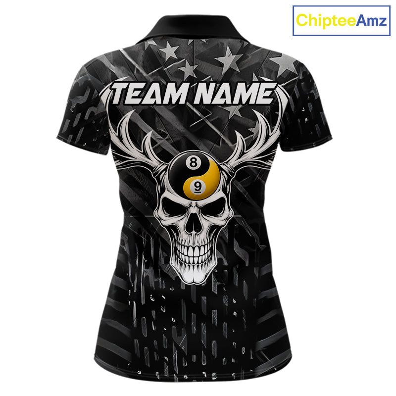 Black US Flag Skull Yinyang Billiard Shirts For Women Custom 8 Ball & 9 Ball Pool Team Jersey TDM7226