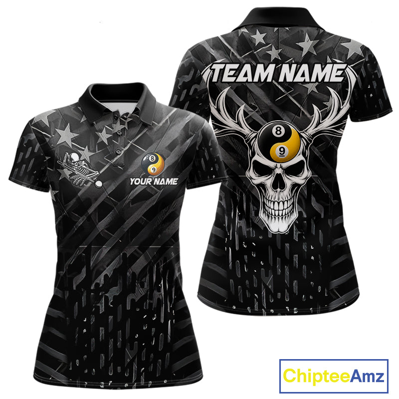 Black US Flag Skull Yinyang Billiard Shirts For Women Custom 8 Ball & 9 Ball Pool Team Jersey TDM7226