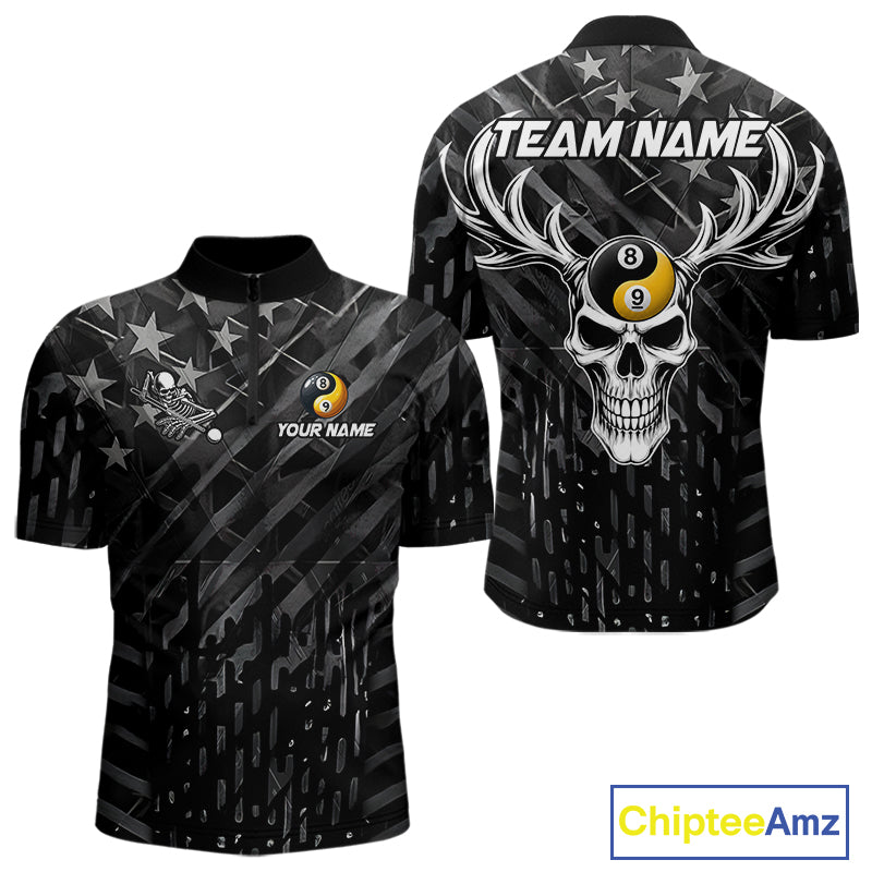 Black US Flag Skull Yinyang Billiard Shirts For Men Custom 8 Ball & 9 Ball Pool Team Jersey TDM7226