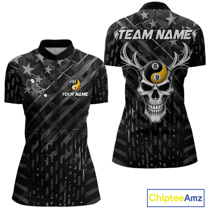 Black US Flag Skull Yinyang Billiard Shirts For Women Custom 8 Ball & 9 Ball Pool Team Jersey TDM7226