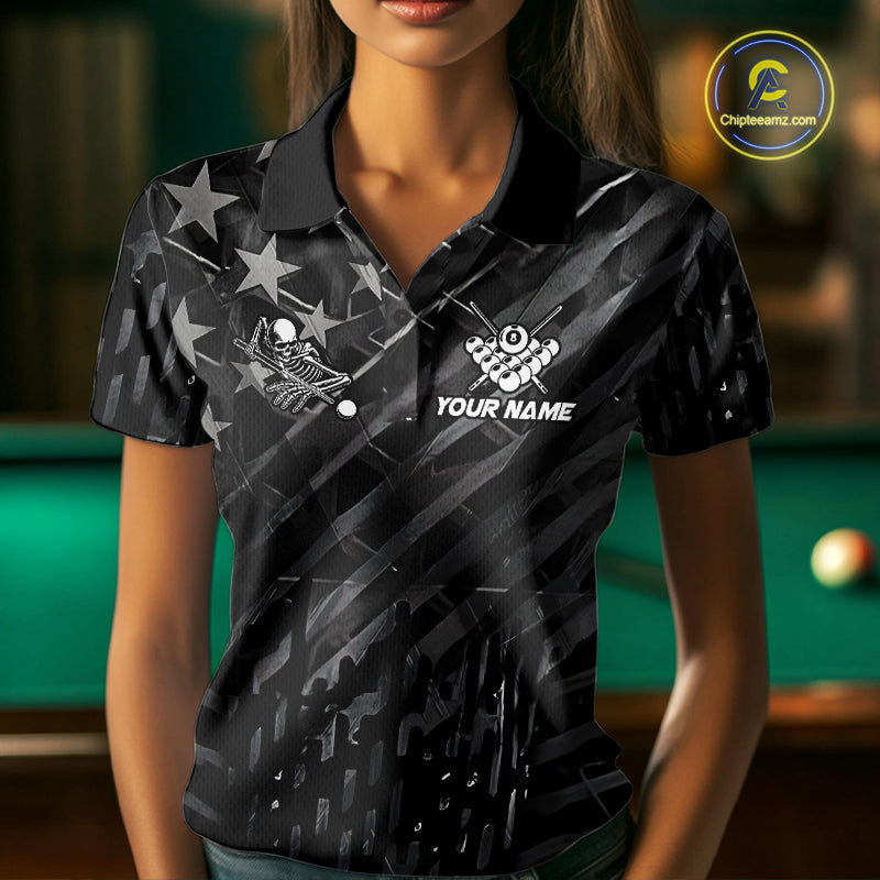 Black American Flag Skull 8 Ball Billiard Pool Shirts For Women Custom Billiard League Team Jersey TDM7227