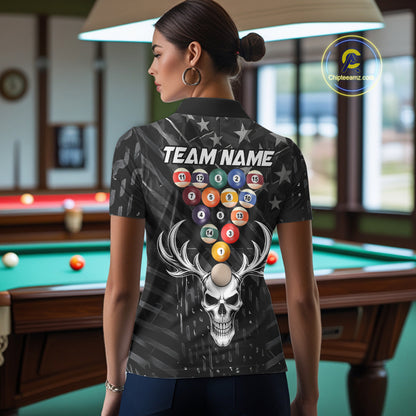 Black American Flag Skull 8 Ball Billiard Pool Shirts For Women Custom Billiard League Team Jersey TDM7227