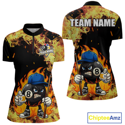 Personalized Billiard Flame Funny 8 Ball Pool Polo & 1/4 Zip For Women Custom Billiard Team Jersey TDM5201