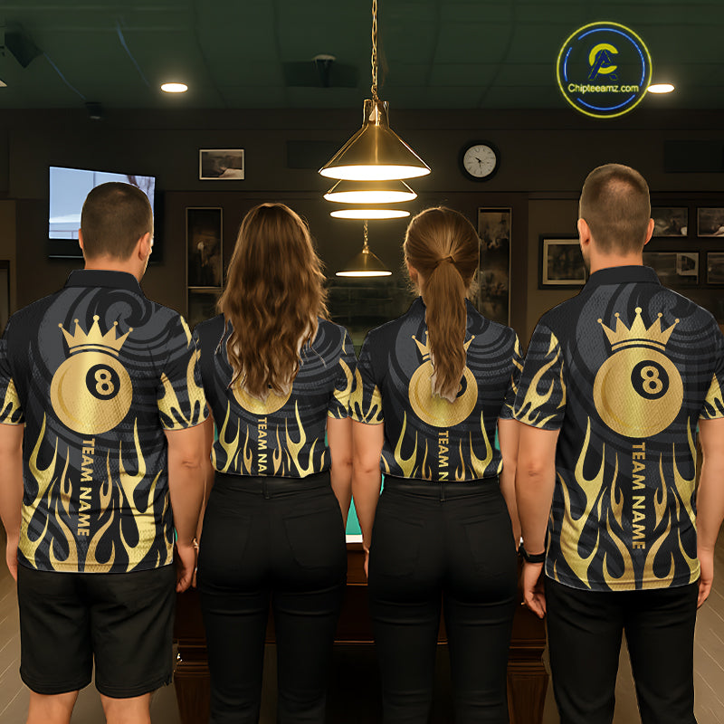 Custom Crown 8 Ball Billiard Shirt For Men, Black And Gold Pool Team Jersey Polo & Quarter Zip TDM5457