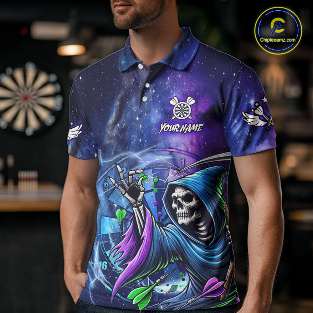 Funny Grim Reaper Blue Purple Galaxy Dart Shirts For Men Custom Glowing Dart Jerseys Outfits TDM3561