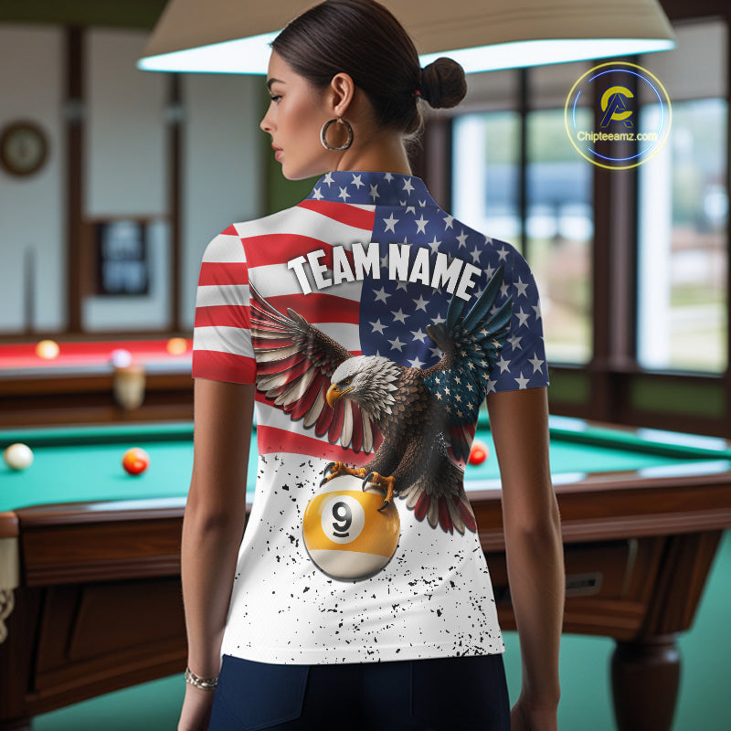 White Grunge American Flag Eagle 9 Ball Billiard Shirts For Women Custom Patriotic Pool Team Jersey TDM7244