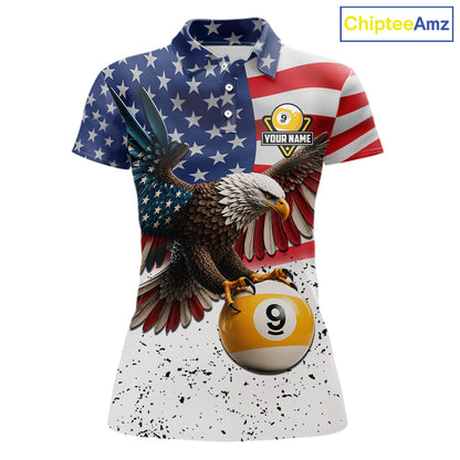 White Grunge American Flag Eagle 9 Ball Billiard Shirts For Women Custom Patriotic Pool Team Jersey TDM7244