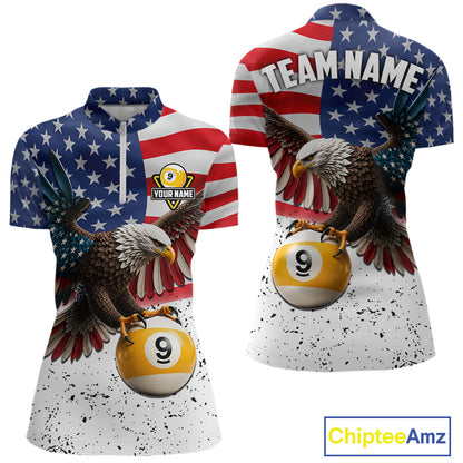 White Grunge American Flag Eagle 9 Ball Billiard Shirts For Women Custom Patriotic Pool Team Jersey TDM7244