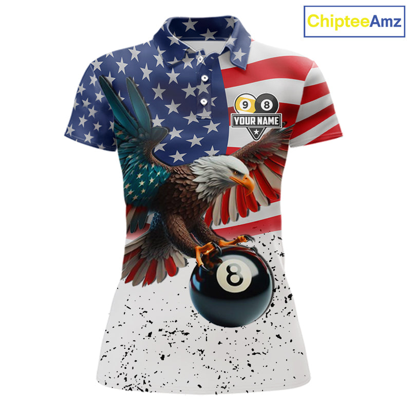 Custom Grunge American Flag Eagle 8 Ball 9 Ball Billiard Shirts For Women, Patriotic Pool Team Jersey TDM7245