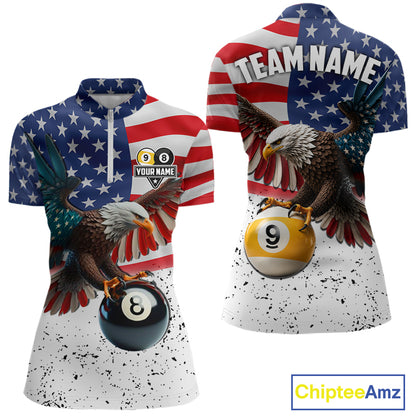 Custom Grunge American Flag Eagle 8 Ball 9 Ball Billiard Shirts For Women, Patriotic Pool Team Jersey TDM7245