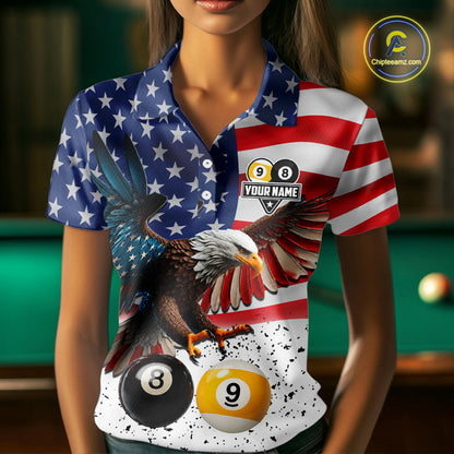 Personalized American Flag Eagle 8 Ball 9 Ball Billiard Jersey For Women, Patriotic Pool Team Shirts TDM7246