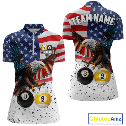 Personalized American Flag Eagle 8 Ball 9 Ball Billiard Jersey For Women, Patriotic Pool Team Shirts TDM7246