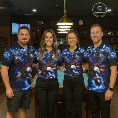 Blue Flaming Eagle 8 Ball 9 Ball Pool Billiard Shirt For Women Custom American Flag Billiard Jersey TDM5729