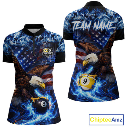 Blue Flaming Eagle 8 Ball 9 Ball Pool Billiard Shirt For Women Custom American Flag Billiard Jersey TDM5729