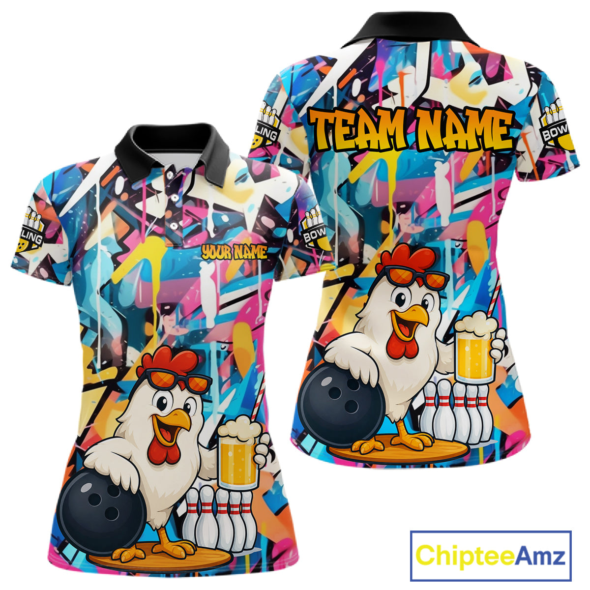 Funny Chicken Colorful Graffiti Bowling Shirts For Women, Best Bowling Team Jersey Polo & 1/4 Zip TDM6515
