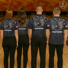Load image into Gallery viewer, Back view of bowling team wearing matching patriotic bowling shirts in a bowling alley.