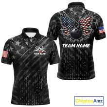Load image into Gallery viewer, Black American flag wings bowling polo shirt for men with patriotic team graphics.