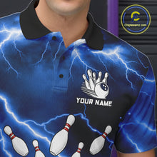 Load image into Gallery viewer, Close-up of a blue thunder lightning tornado bowling polo shirt collar, buttons, and storm artwork.