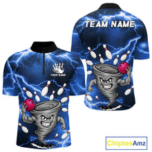 Load image into Gallery viewer, Blue thunder lightning tornado bowling quarter zip shirt for men designed for league tournaments and team events.