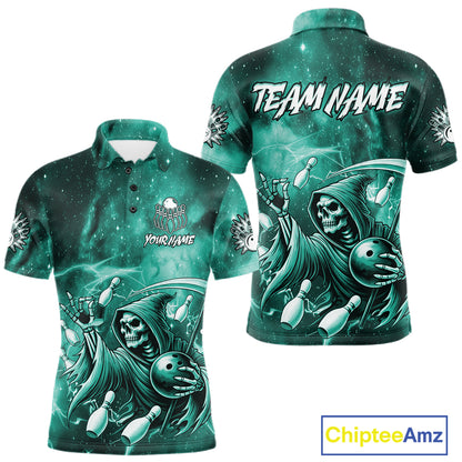 Funny Teal Grim Reaper Galaxy Bowling Shirt For Men Custom Bowling Team Jersey Polo & 1/4 Zip TDM7248